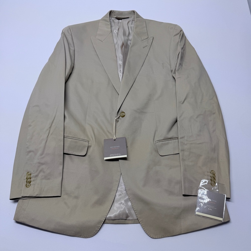 Merona Premium Mens 44L Tan Khaki Cotton Modern Fit Peak Lapel Blazer Sport Coat
